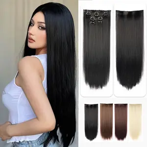 Women's 22-Inch Straight Seamless Clip-In Hair Extensions, 6-Piece Full Head Synthetic Natural Black Hair Extensions