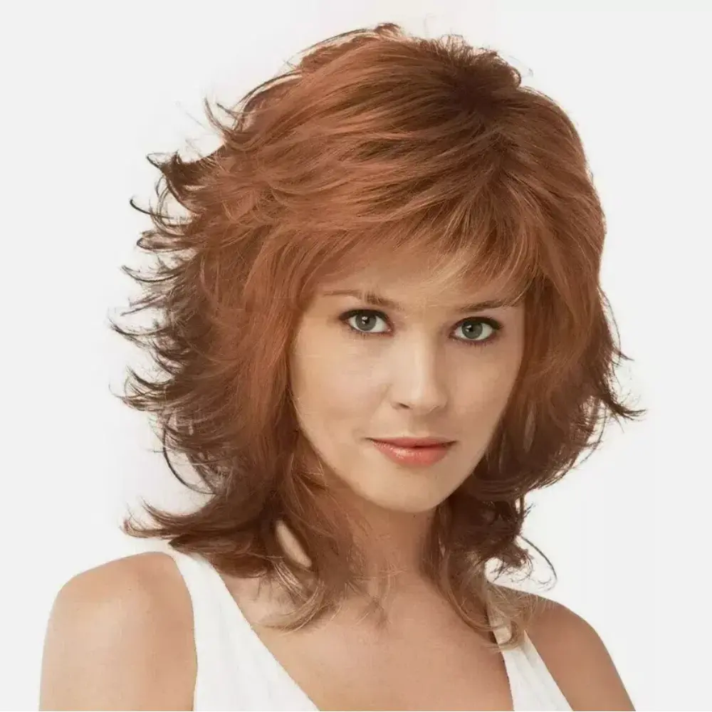 Mid Length Shag Capless Wavy Layered Synthetic Hair Wigs Brown Red Women Natural With Bangs  Daily use Holiday party wig Fun Wigs