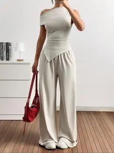 Two-piece Set Women's Solid Color Top & Pants Set, Casual Minimalist Basic Fashion Cozy Outfits for Daily Outdoor Wear, Women's Clothes for Summer, Womenswear, Top & Trouser