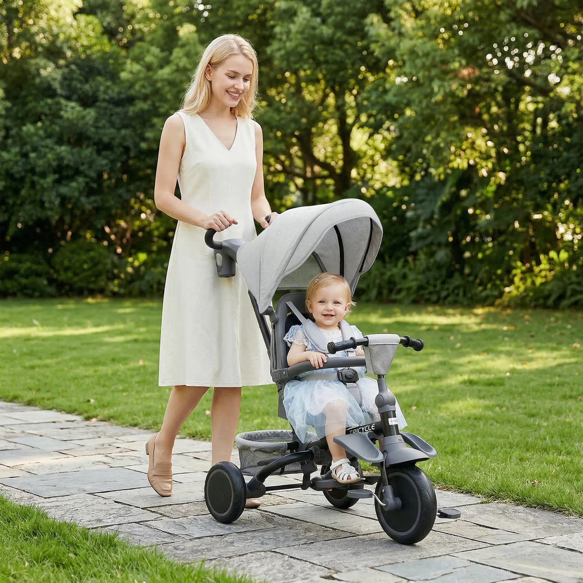 Gray Toddler Tricycle Stroller 4 Position Reclining Backrest 5 Point Harness Foldable Compact for Car Boot for Babies 12 to 60 Months Beach Trip