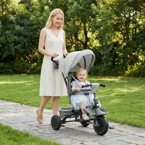 Gray Toddler Tricycle Stroller 4 Position Reclining Backrest 5 Point Harness Foldable Compact for Car Boot for Babies 12 to 60 Months Beach Trip