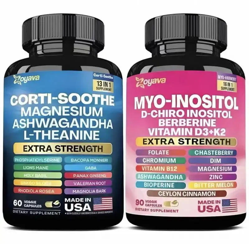 Zoyava Corti-Soothe & Myo-Inositol Extra Strength Magnesium Capsules with Ashwagandha L-Theanine & Berberine Vitamin D3 K2 60 Veggie Capsules Made in USA Dietary Mineral