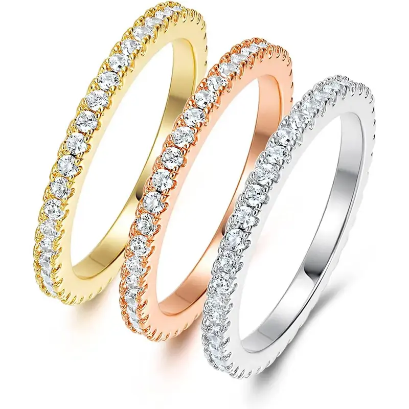 3-PCS 14K Gold Plated CZ Simulated Diamond Stackable Eternity Bands - 3-Color Cubic Zirconia Rings for Wedding, Engagement Events