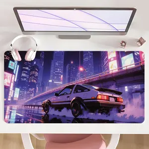 [Mouse Desk Pad] Non-Slip Computer Desk Pad Mouse Pad Large Gaming Mouse Pad With Rubber Base & Stitched Edge Cyberpunk Neon AE86 Design Desk Top Protector Mat For Home Office Desk Accessories Christmas Gift