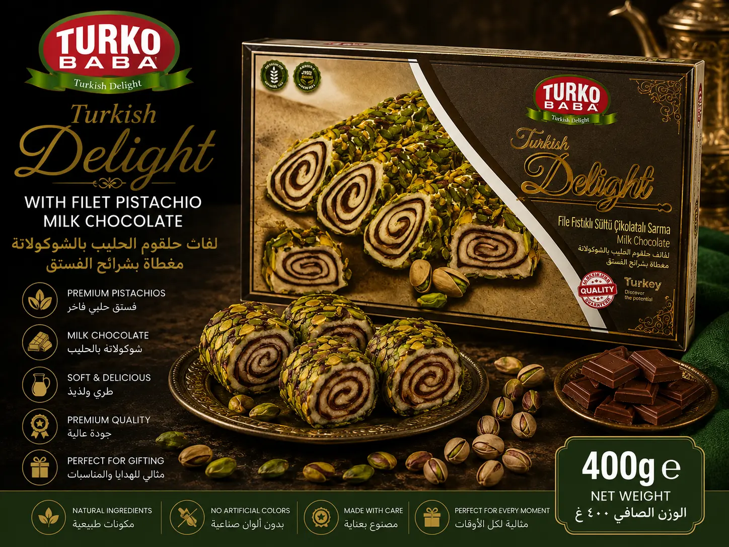 Turko Baba Turkish Delight Roll with Milk Chocolate & Filet Pistachio | 400g