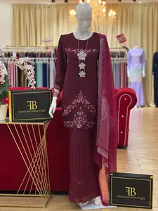 Baju Kurung Maroon - Elegant Long Sleeve Tunic & Floor-Length Pleated Skirt with Silver Lace Embroidery & Crystal Shawl 3515