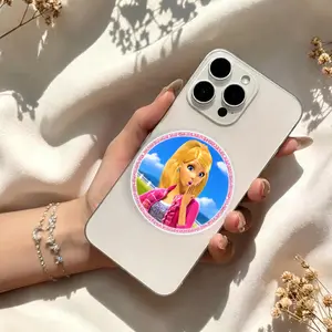 Surprised Blonde Doll Phone Grip, Pink Glitter Round Phone Holder, Cute Fashion Girl Phone Stand, Trendy Accessory Gift