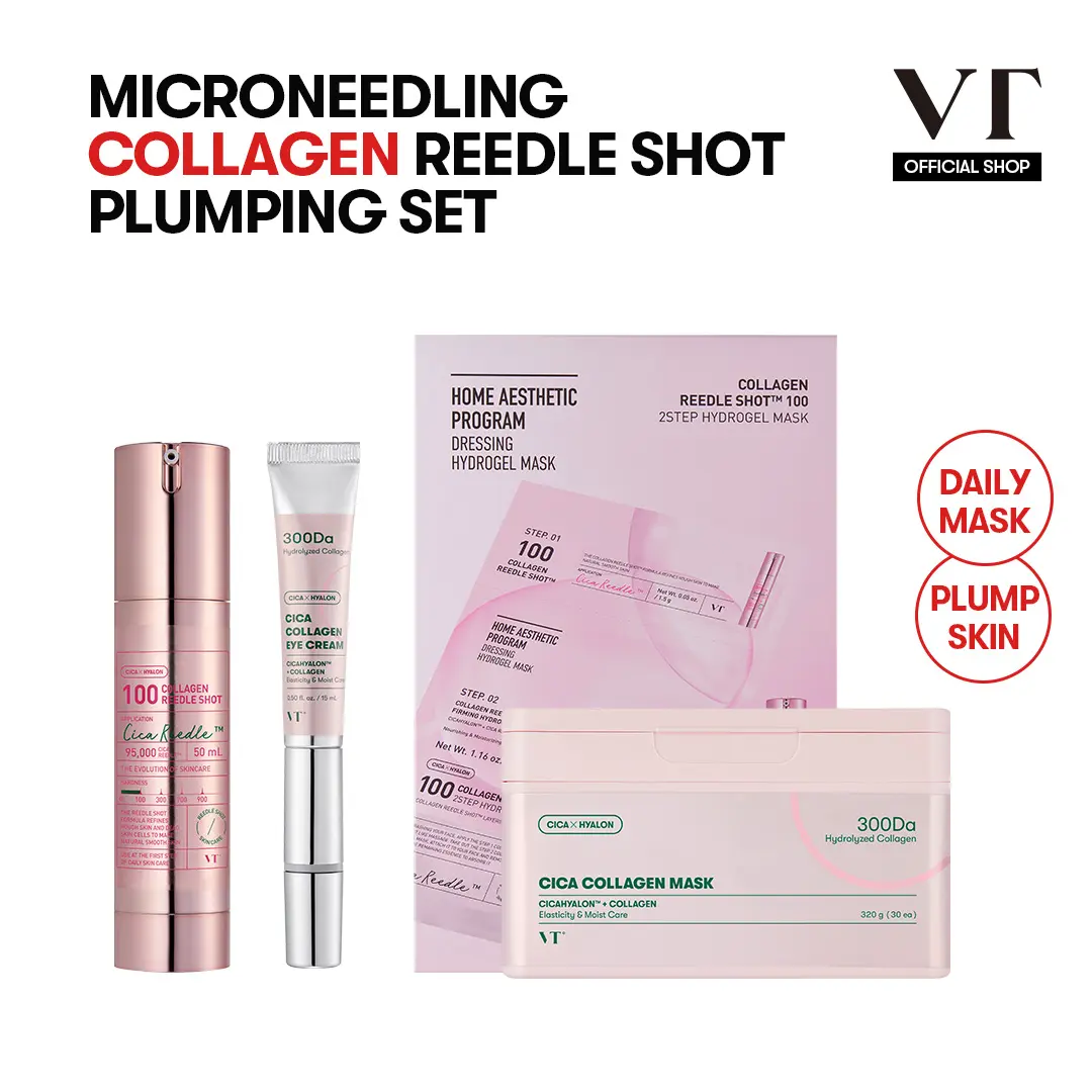 [VT COSMETICS] Collagen Reedle Shot & Collagen Boosting Skincare Treatment Set with Microneedling, Deep Collagen Absorption & Eye Cream | Anti-Aging, Glow, Plump, Firming & Daily Collagen Care | Under Eyes & Face | Korean Skincare