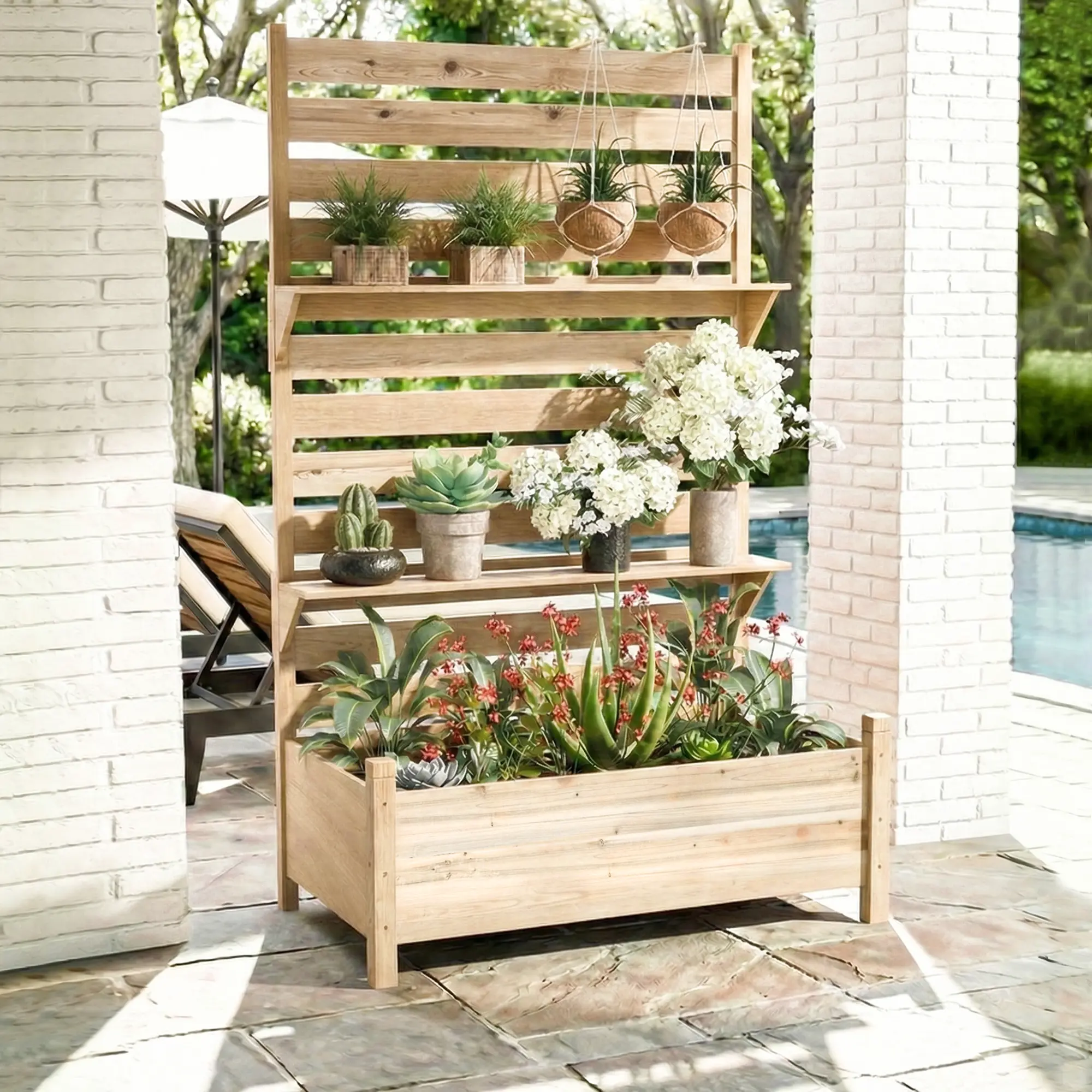 Outdoor Privacy Screen with Planter, 72.8" H x 26" W x 41.3" D, Solid Wood Freestanding Patio Privacy Divider with 2-Tier Shelf, Natural, Light Brown