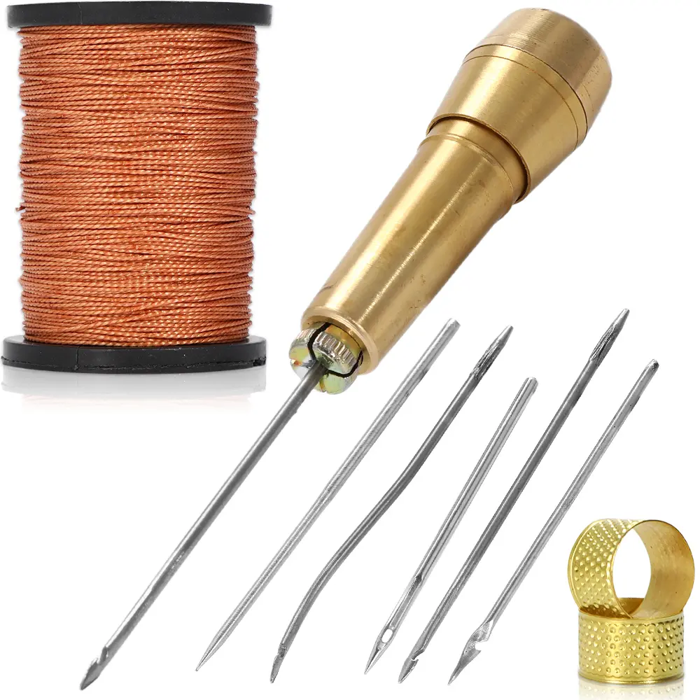 6Pcs Stainless Steel Changeable Tip Awl Needle Sewing Supplies Crafts Kit with Copper Handle - 50m Nylon Cord, 2Pcs Thimble for Faux Leather, Canvas Repair - Home Workshop Handmade Tools Home Improvement Building Supplies