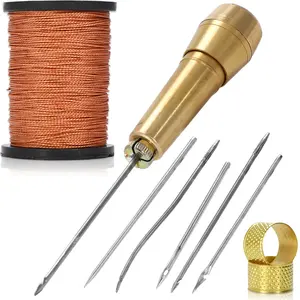 6Pcs Stainless Steel Awl Needle DIY Faux Leather Sewing Kit with Copper Handle for Canvas, Tent, and Shoe Repair - 50 m Nylon Thread and 2 Pc Thimble - Home Improvement.