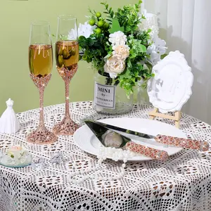 4 Pcs, Wedding Cake Knife And Champagne Flutes Server Set, Wedding Cake Knife And Server Set, Toasting Crystal Rhinestone Champagne Flutes Glasses Cake Knife Pie Server Wedding Gifts For Couple Bride Groom, Christmas Gift, i Cutlery Tableware