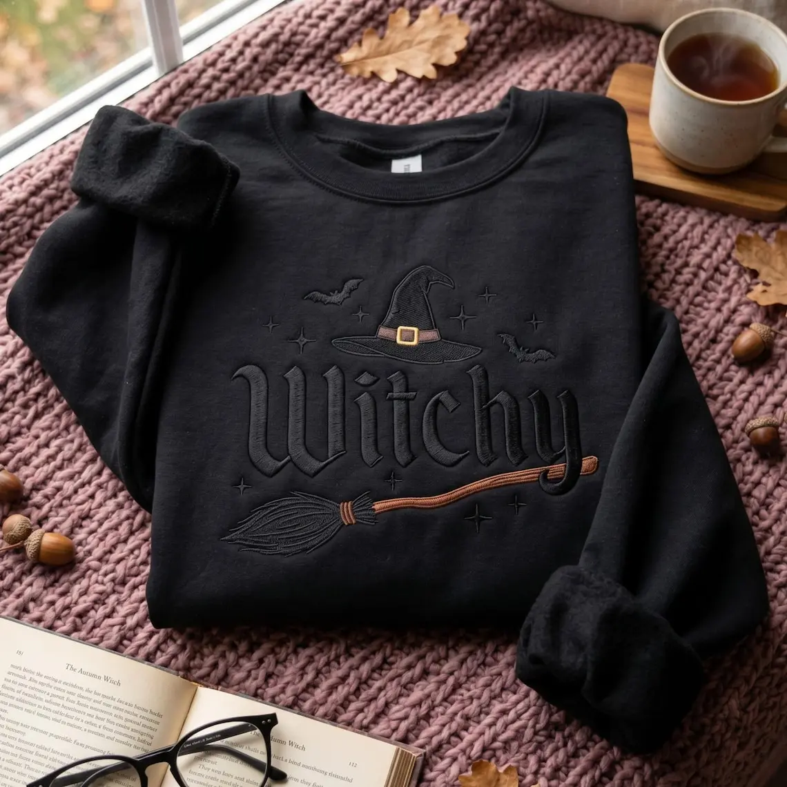 Embroidered Witchy Halloween Sweatshirt, Bat and Broomstick Witch Costume