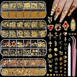 Gold Nail Charms and Gems Set, 4 Boxes Nail Gems Nail Pearls Nail Art Tools, 3D Cross Nail Charms Heart Nail Rhinestones for Nails Supplies, Charms for Nails Design Nail Art Kit