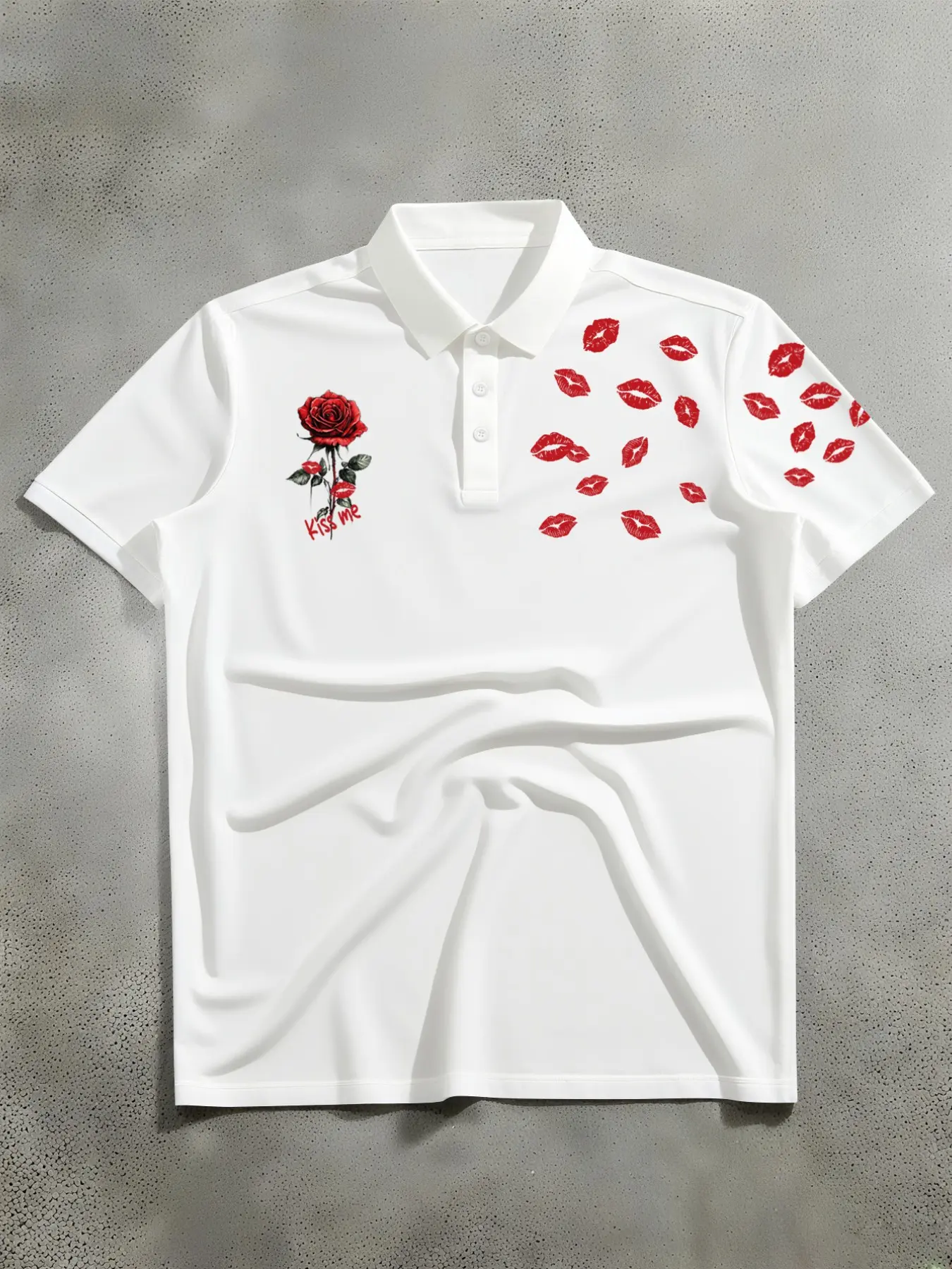 Men & Women Unisex Red Rose & Lip Print "Kiss Me" Polo Shirt, 100% Cotton Summer Casual Short Sleeve, Romantic Aesthetic Streetwear for Date & Daily Wear