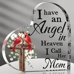 Acrylic Heart Shaped Cross Ornament, Decorative Plaque, 1 Count Memorial Cardinal Gift, Commemorative Decorative Gift, Remembrance Gifts, Room Decor, Home Decor