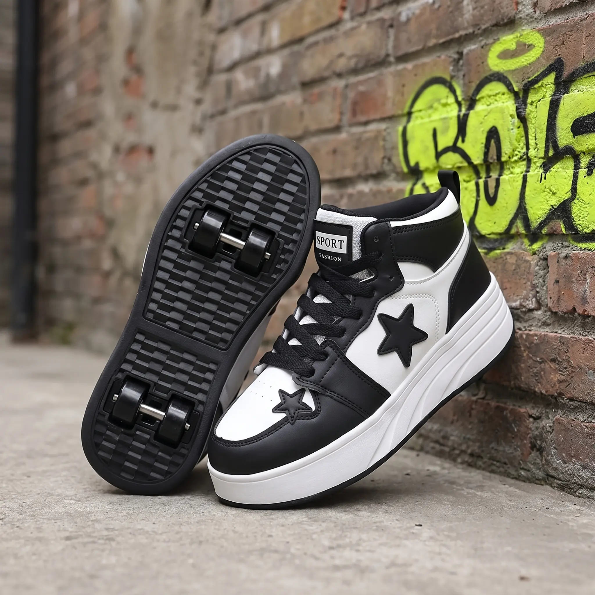 Kids' Black White Star High-Top Wheeled Skater Shoes - 4 Retractable Roller Skate Sneakers, Round Toe Lace-Up Trainers, Birthday Gift Idea for School and Outdoor Sports, Round Toe Sports, Roller Skate Shoes, Fashionable Round Toe