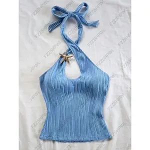 2000s high streetwear causl punk blue lace Sexy V-neck Halter Neck Crop Top for Women Summer Sleeveless slim Split Backless vest