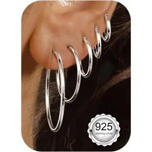 CASSIECA 5Pairs 925 Sterling Silver Hoop Post Earrings for Women-Small 14K Gold Silver Hoops Earrings,Hypoallergenic Silver Hoop Earring for Women-Medium Big Hoops Stack Earring 10/14/20/30/40mm