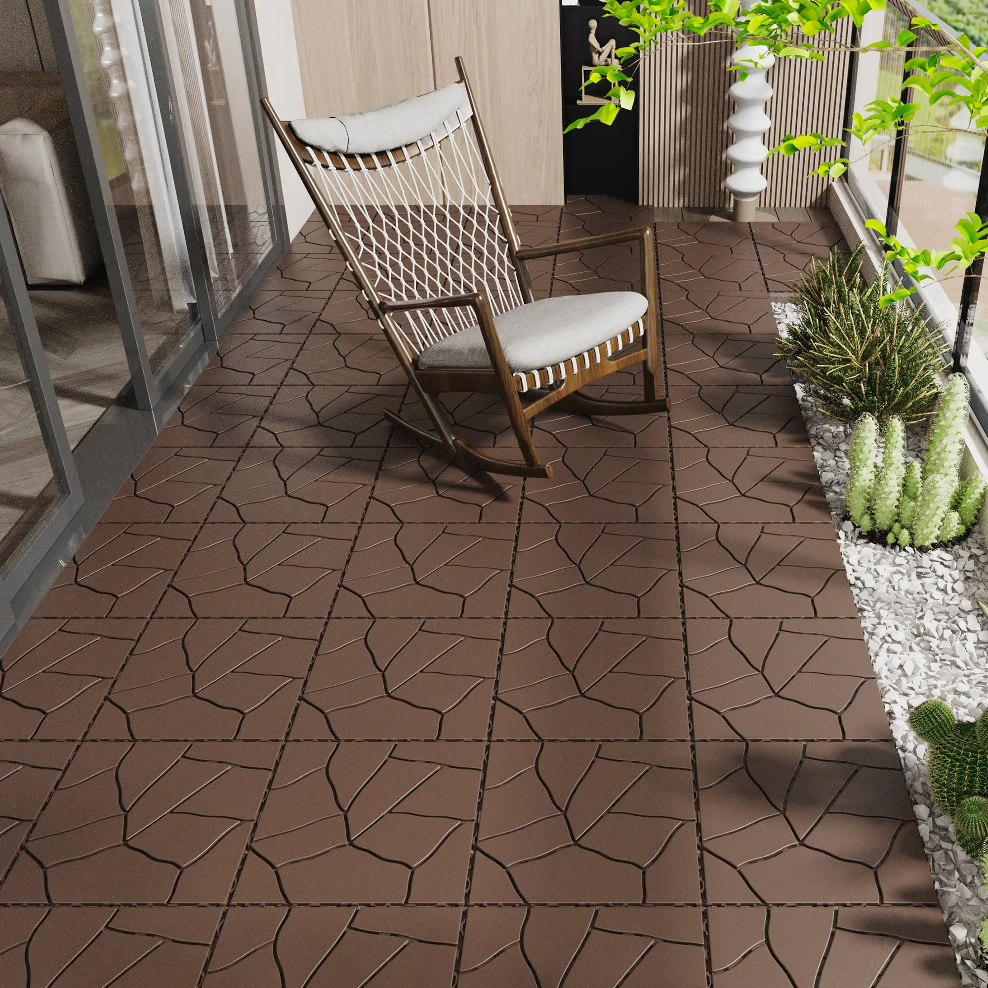 12" Stone-Style Interlocking Eco-Friendly WPC Decking Tiles - 44pcs Red Brown Non Slip Flooring, Easy to Clean for Easy Installation on Patio, Balcony