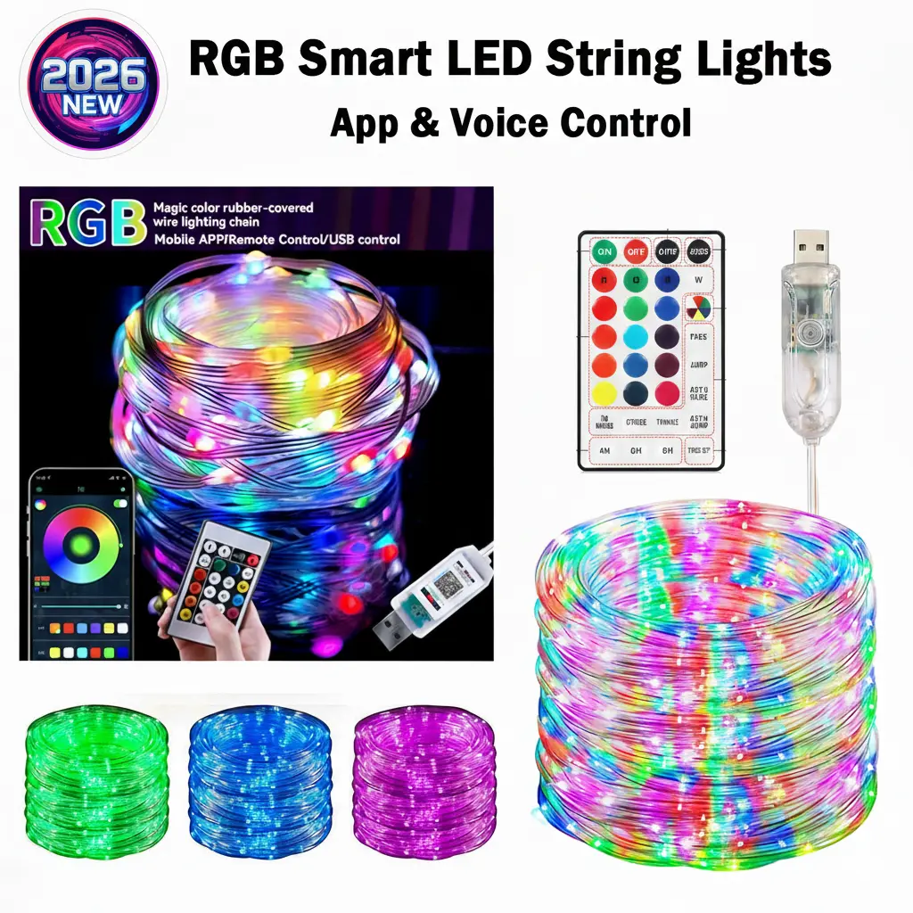 2026 New Sound Control RGB Smart LED String Lights, 65.6ft (20m) App & Remote Control, Waterproof Multi-Color USB Fairy Lights for Bedroom, Christmas Party Decor, Led Lights