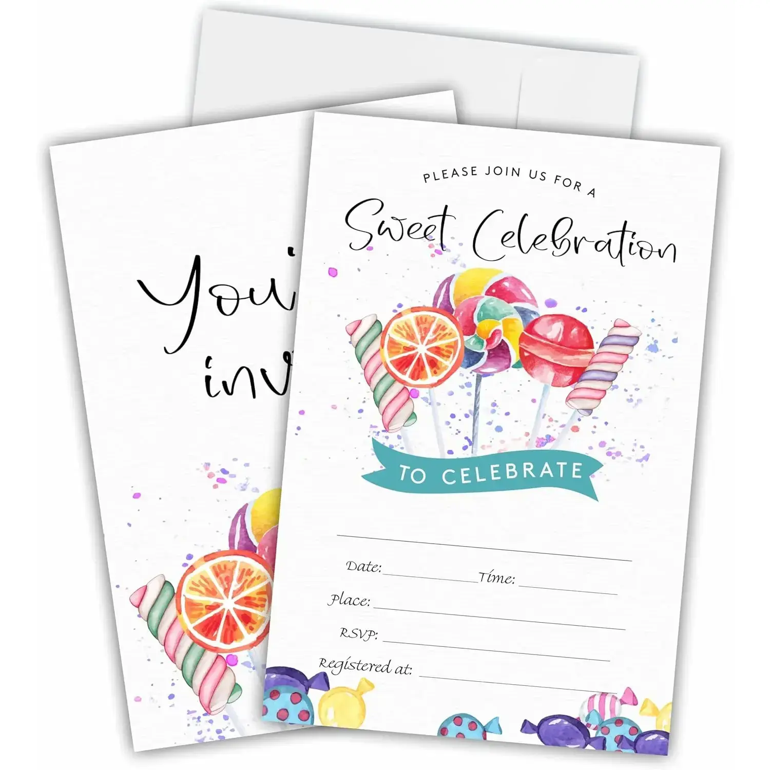 Candy Birthday Party Invitations - A05 Pack, Double-Sided Coated Paper, Kids Party Supplies & Decorations (20 Cards & Envelopes) for Friends and Family