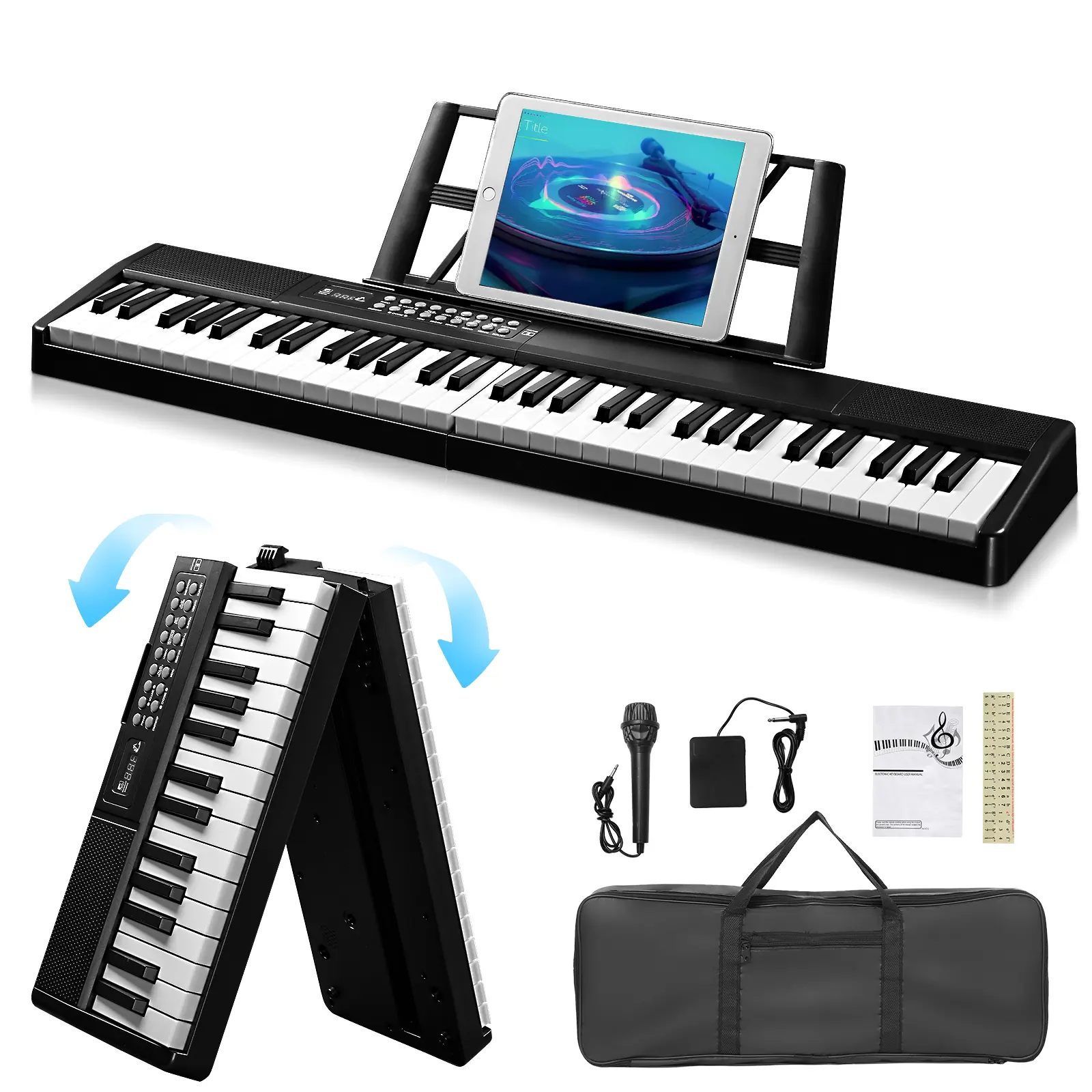 GEP-204 61Key Folding Piano Semi-Weighted Standard Keyboards Digital Piano with Bluetooth, Handbag,for Piano Lover Black color