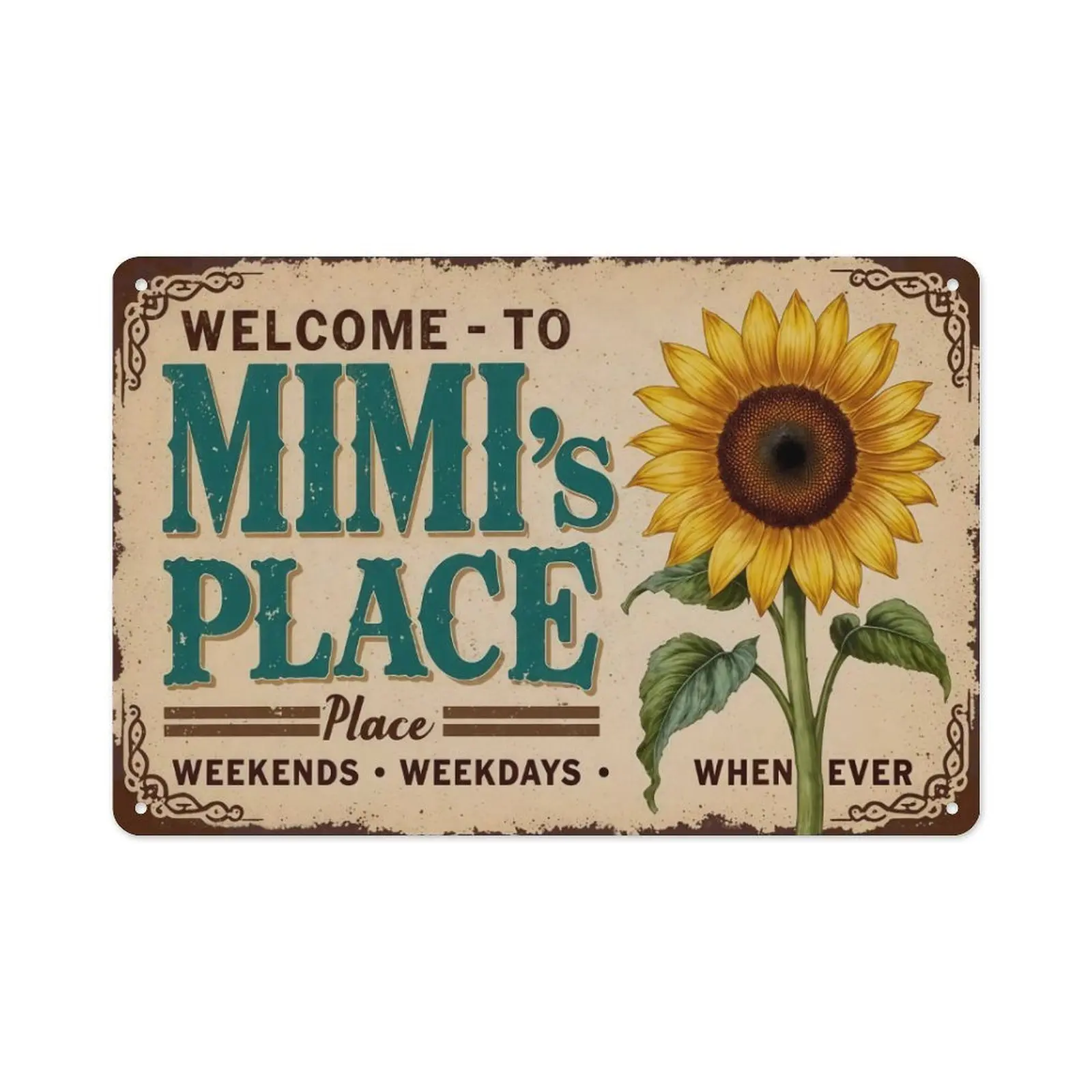 2D Flat, 1pc Vintage Metal Wall tin Sign "Welcome to mimi's Place" - 8x12 Inch Rustic Turquoise & French-Inspired Decor with Sunflower & Leaf Motif - Durable Aluminum for Home, Room- Easy- mount. gift for mimi