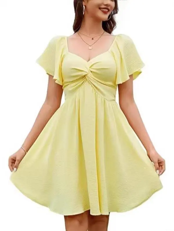 Women's Flutter Short Sleeve Mini Dresses, Twist V Neck A‑Line Short Dresses, Flowy Solid Casual Summer Dresses for Beach Vacation Dating Wedding Guest Streetwear