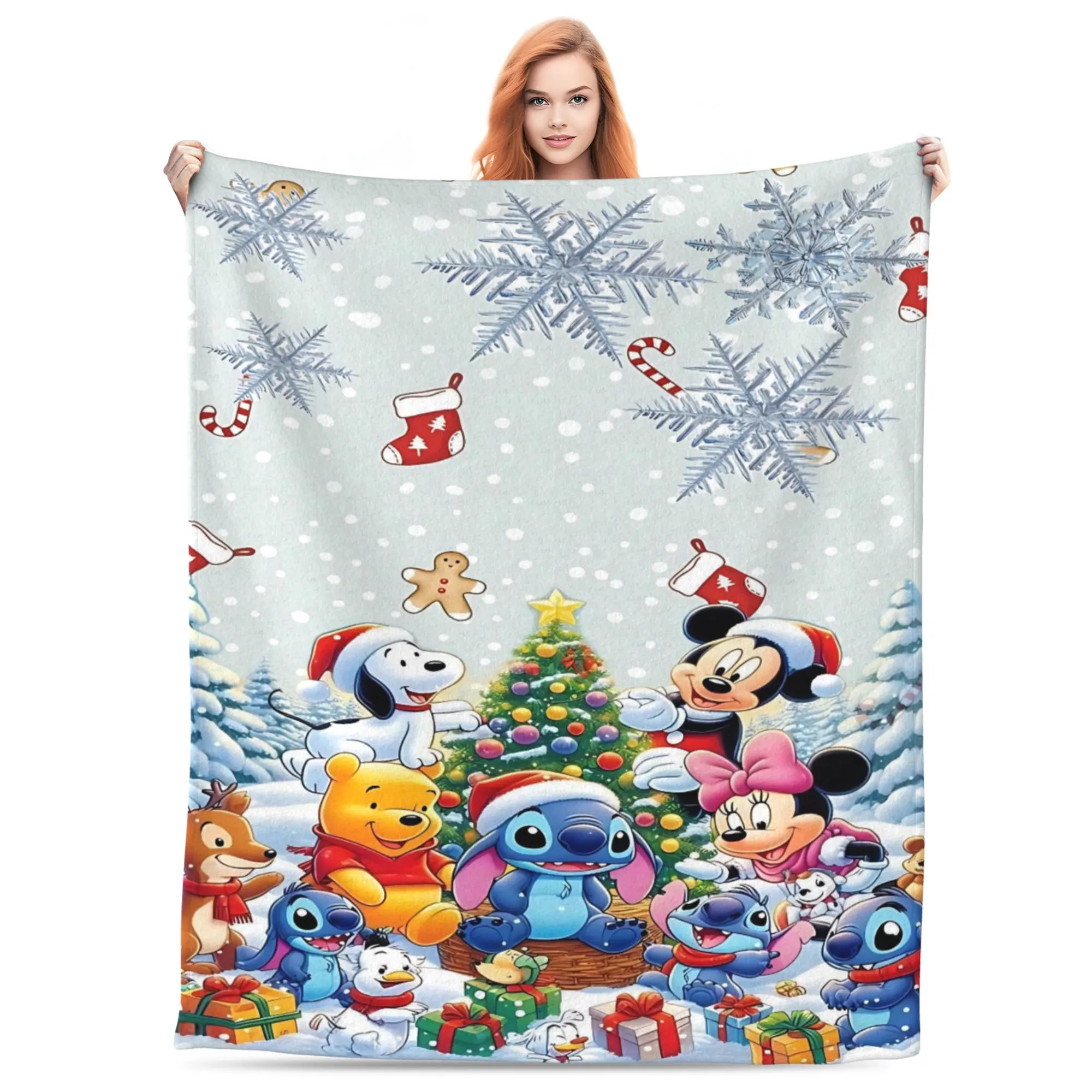 [SummerVibes] DISNEY CLASSIC Christmas Blanket - Mickey, Minnie, Stitch, Winnie the Pooh & Friends Celebrating Holiday - Soft Plush Throw Blanket with Snowflakes & Gifts - Perfect Gift for Kids