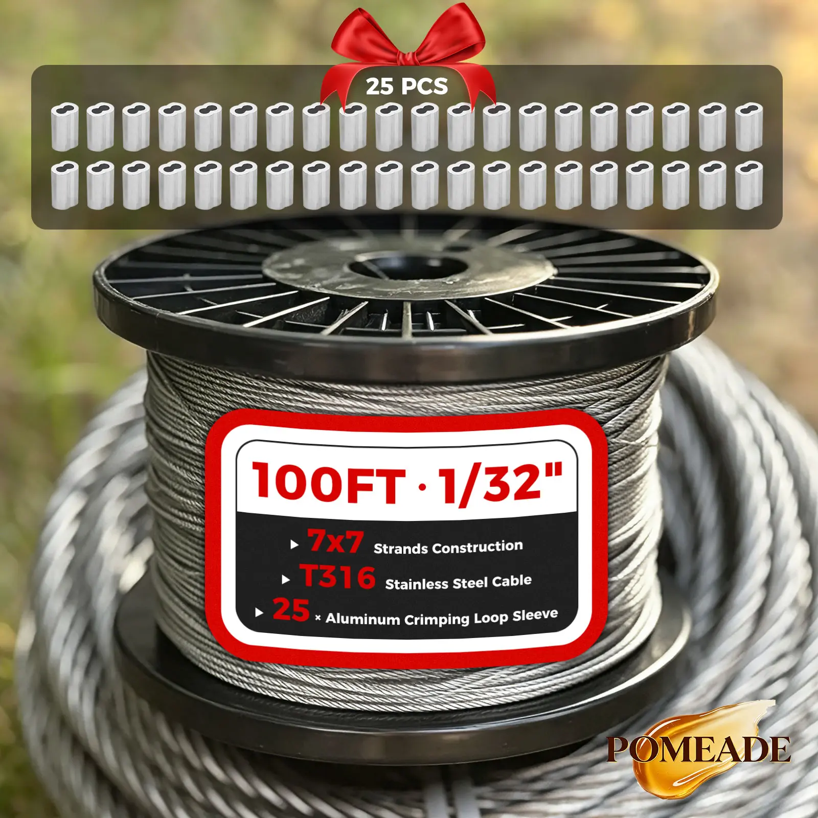 POMEADE 316 Stainless Steel Wire Rope, 400 FT, 600 FT, 1,000 FT, 1/32 inch thick, comes with 100 aluminum anti-slip sleeves; suitable for hanging string lights, clotheslines, and wire art on trellises; 200 FT, 800 FT, 100 FT