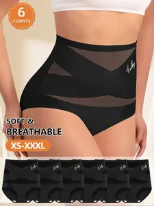 6-Pack MEIYATING  High-Waist Women's Underwear, Breathable Mesh, Cross Design, Ice Silk Invisible, High-Quality Printed Triangles, High Waist Panties