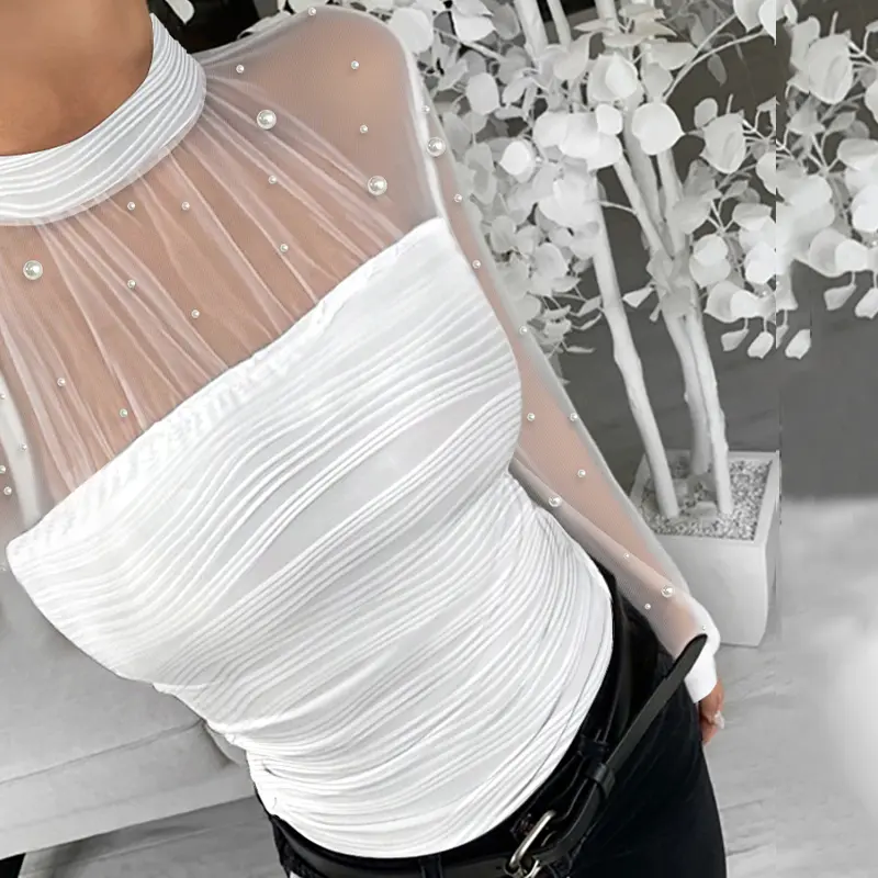 CHICME Pearls Decor High Neck Sheer Mesh Spliced Ruched Tee Hollow-out Back Slim Fit Textured Top CHICME Pearls Decor High Neck Sheer Mesh Spliced Ruched Tee Hollow-out Back Slim Fit Textured Top