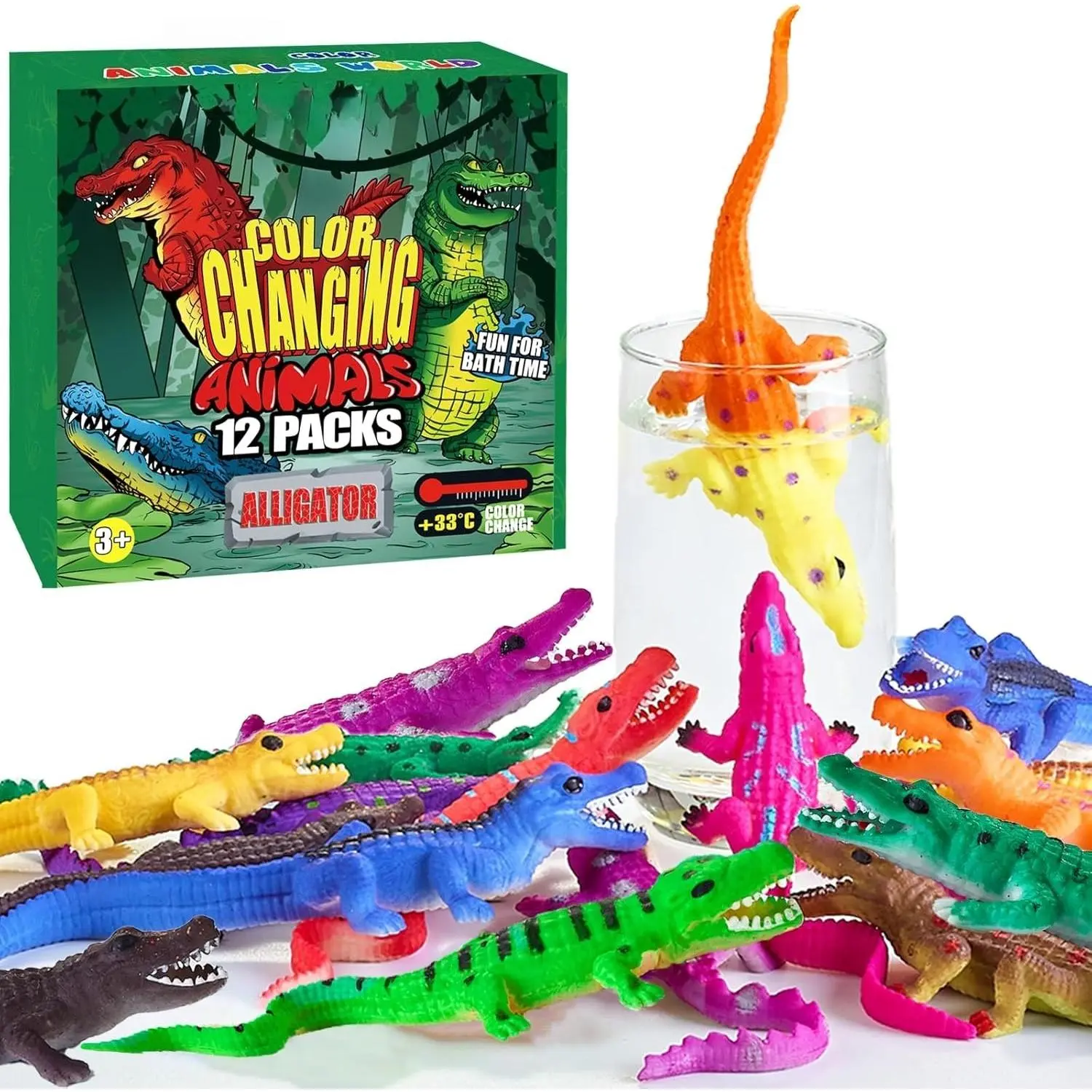 P-TBT01  Color Changing No Hole Bath Toys for Toddlers Kids, Color Change Alligator Toy Reptile Animal Toys (12 Pack), 6'' Stretchy Rubber Animals Crocodile Toy Water Table Toys Reptile Party Favors