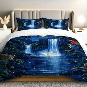 3PCS Duvet Cover Set, 1 Duvet+2 Pillowcases(Without filler), Jungle Waterfall Parrot Moonlight Theme, Holiday bedding set, Luxurious Nature Animal Scenic Suitable for decoration Bedroom Living Room Hotel Guest Room.