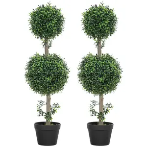 HOMCOM Set of 2 Decorative Artificial Plants, Topiary Ball-shaped Boxwood Trees in Pot, Fake Plants for Home Indoor outdoor Decor, 40 Inch, Green