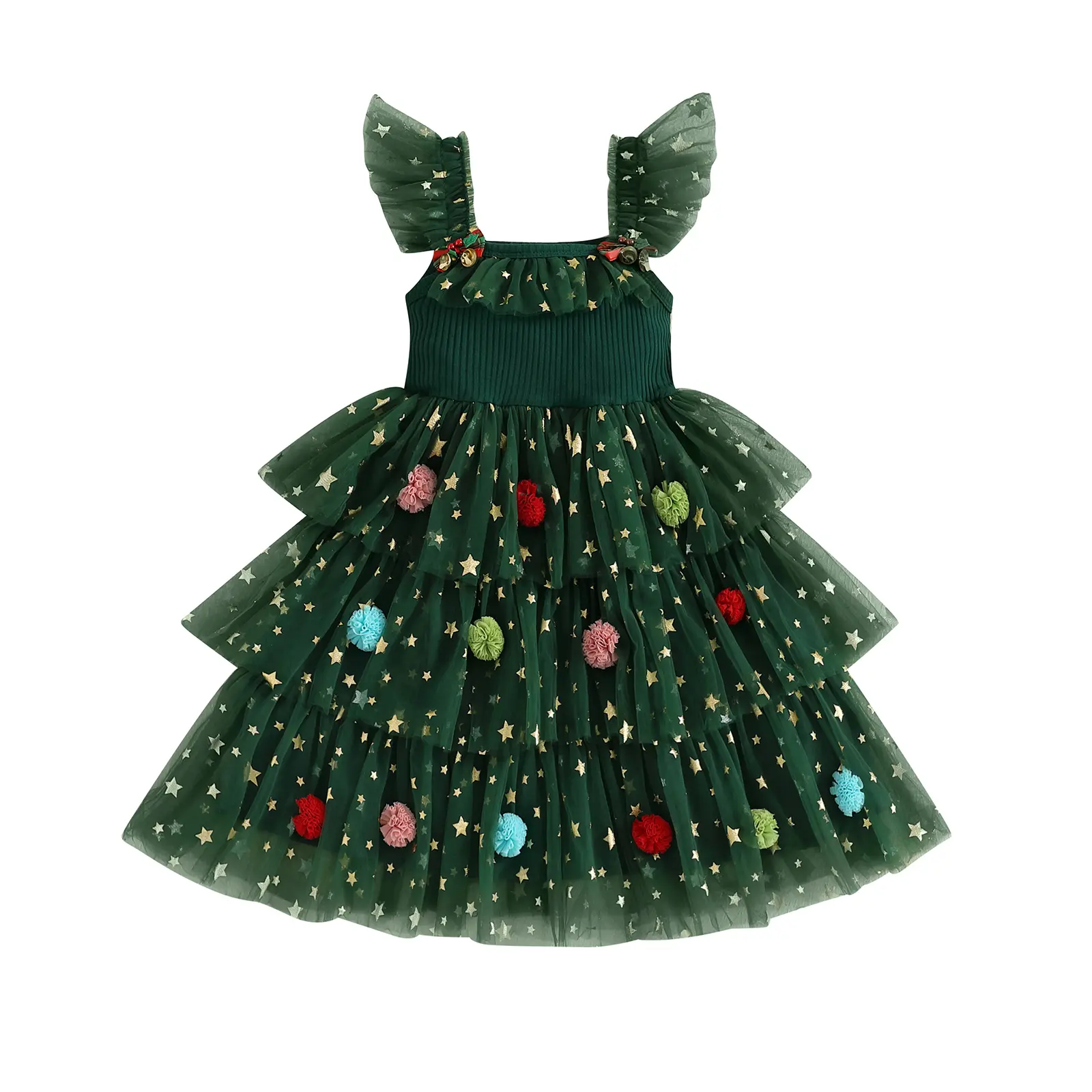 Toddler Kids Girls Christmas Pom Pom Tutu Dress Bows Sequins Stars Ruffle Fly Sleeve Layered Ruffle Tulle Cake Smash Dresses 1-6T