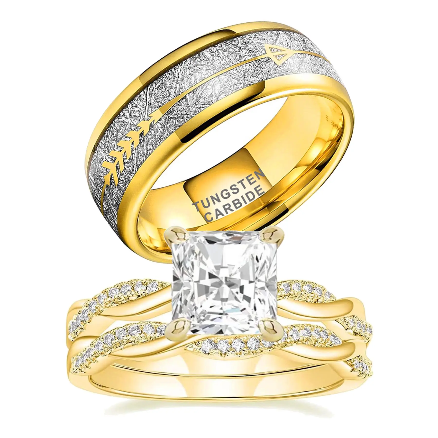 vowsering 1CT CZ Wedding Ring Set for Women & Men Yellow Gold Plated Bridal Couple Rings Tungsten Ring Wedding Band
