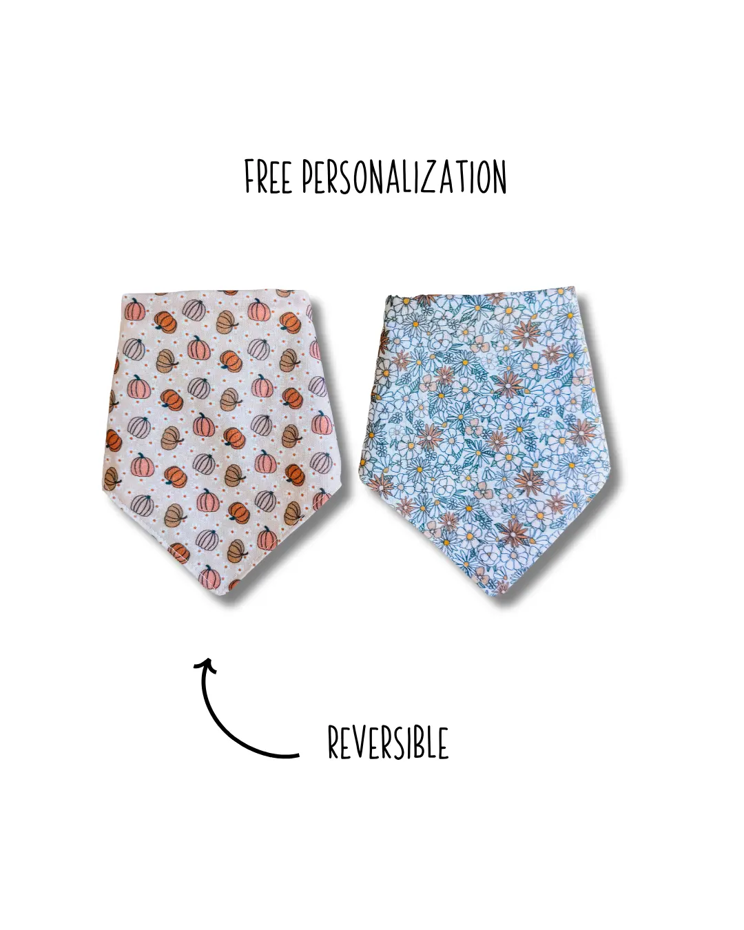 Pumpkin + Petals reversible dog bandana with soft macrame cord tie closure. Free Personalization available