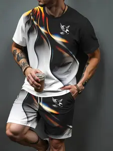 Men's Sportswear Set, Short Sleeve T-Shirt + Shorts, Fashion Colorblock Print, Casual Fitness, Two-Piece Set, Workout Sets, Activewear Set