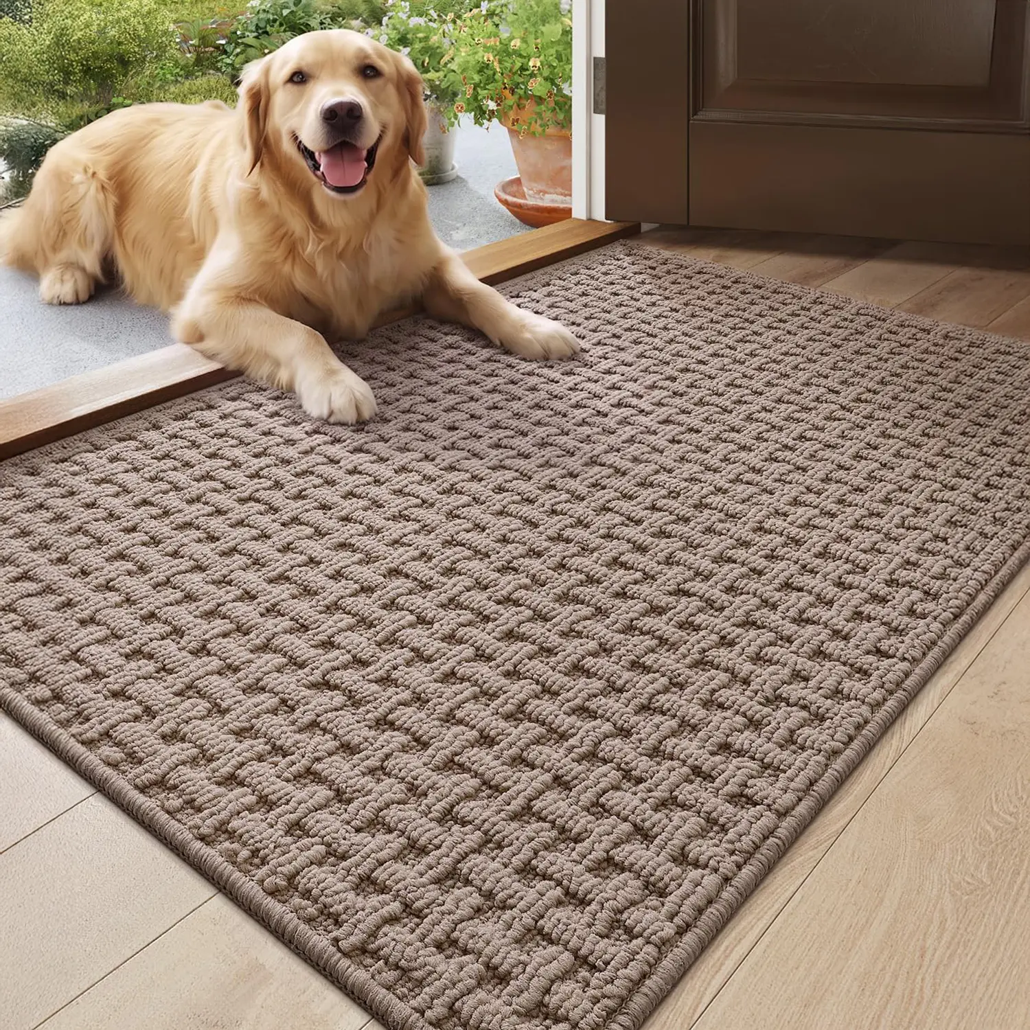 DEXI Machine Washable Indoor Entryway Rug - 24x36 Traditional Dirt Trapper, Absorbent, Anti-Skid Rubber Backing, Durable, Fade Resistant for Home Front/Back Door Floor Area, Beige Entryway Rug, Machine Washable Rug