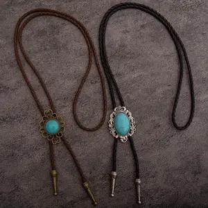 1 piece of retro bolo tie collar rope, in the European and American style. It is a bolo leather rope necklace with natural blue turquoise and an oval pattern, a long necklace.