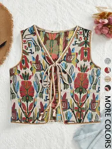 Women's Floral Pattern Tie Front Fitted Lightweight V Neck Vest Tops, Boho Bohemian Sleeveless Outerwear for Beach Vacation Holiday, Ladies Clothes for All Seasons