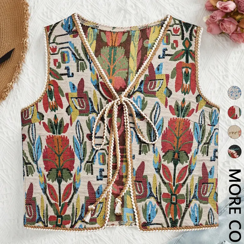 Women's Floral Pattern Tie Front Lightweight V Neck Sleeveless Casual Top, Casual Comfy Vest, Fashion Boho Sleeveless Outerwear for Beach Vacation Holiday, Ladies Clothes for All Seasons, Womenswear, Fitted Vneck Vest