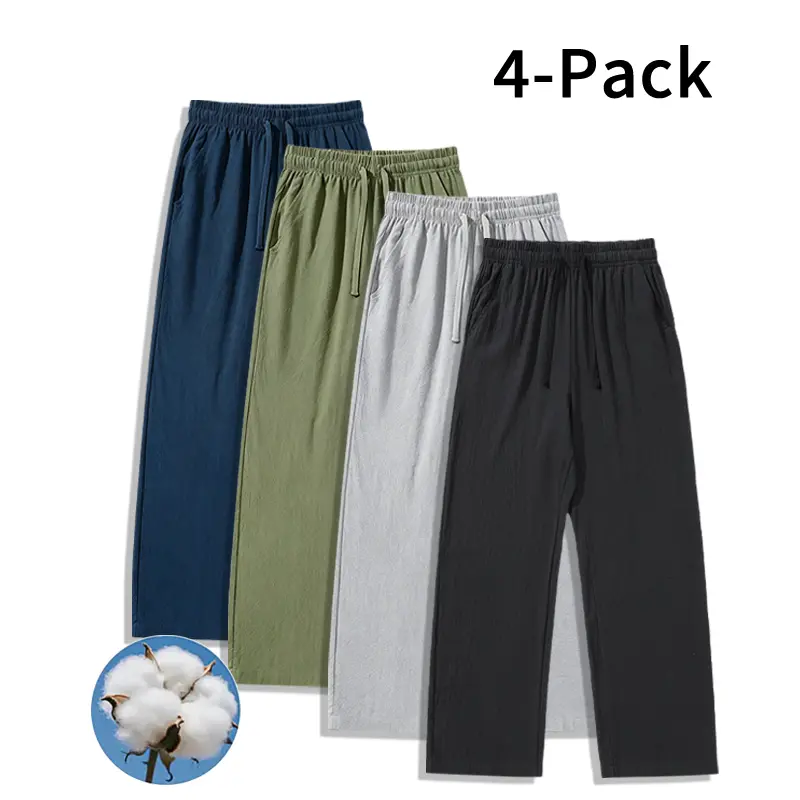 Men's 4-Pack Athletic Casual Pants, 100% Cotton (Dark Blue + Light Gray + Light Blue + Green), Soft Loose Straight Leg, Elastic Drawstring Waist, Lightweight Breathable Loungewear & Outdoor Bottoms, Dark Blue + Light Gray + Light Blue + Light Green