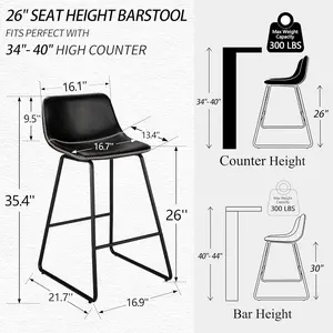 HeuGah Bar Stools Set of 3, 26 Inch Counter Height Barstools with Back Black Modern Faux Leather Bar Height Stools for Kitchen Island Counter Chairs with Metal Legs