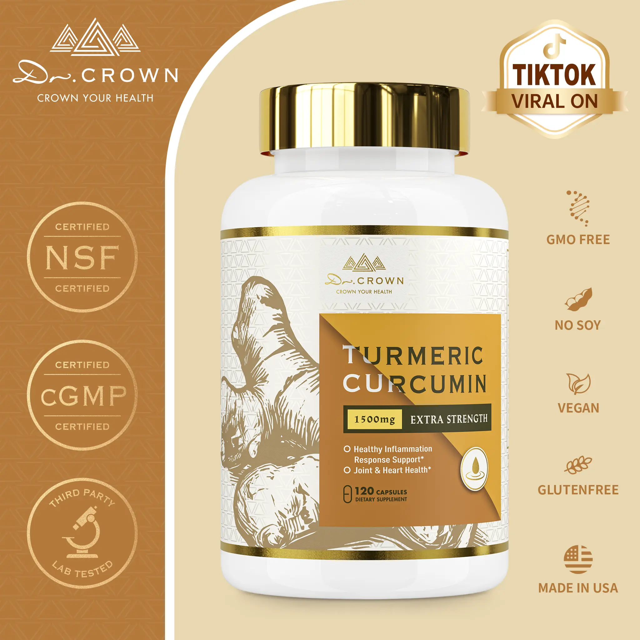 Dr. CROWN Turmeric Curcumin Supplement 1500mg with 95% Curcuminoids, Black Pepper & MCT Oil - 120 Capsules