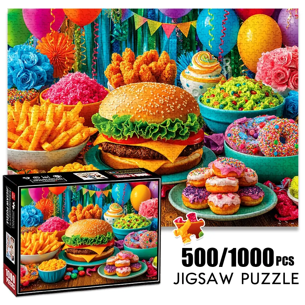 1pc 1000 piece adult puzzle 70x50cm Party Food Set: Burger, Fries, Donuts & More 500 pieces paper jigsaw puzzle suitable for DIY creative games for adults and families, birthday and holiday stre Art Puzzles