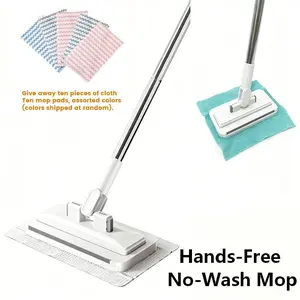 No-wash Mop, Hands-Free Mop with Clamp, Disposable Face Towel Compatible Floor Mop, Wet & Dry Multi-Surface Floor Cleaning Tool, Includes 10 Pads for Bathroom, Kitchen, Hardwood & Tile Cleaning Household Cleaner