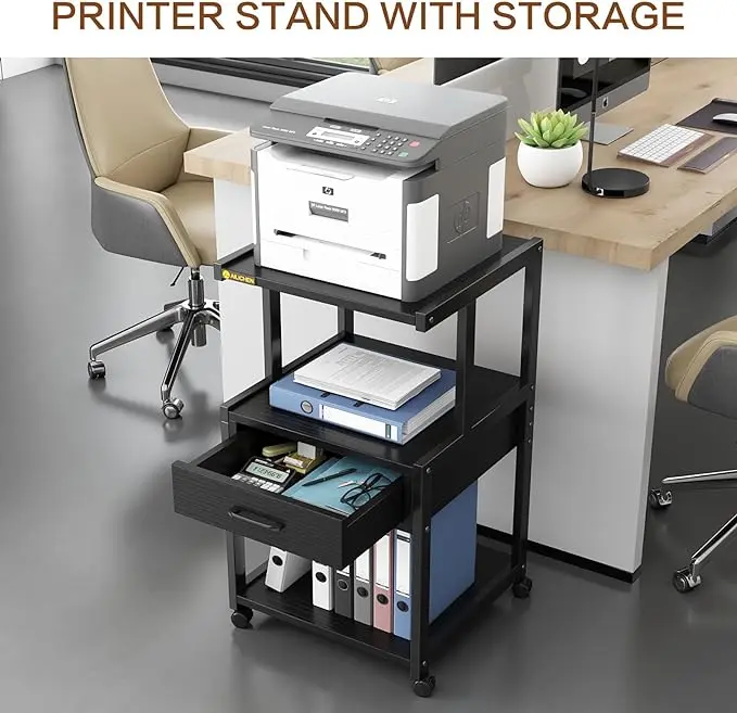 Mobile Printer Stand Filing Cabinet ，with Storage Shelves ，floating shelves ，Organize Office Supplies Compact Dual Monitor Riser Sliding Desktop Drawers Computer Desk Book Holder